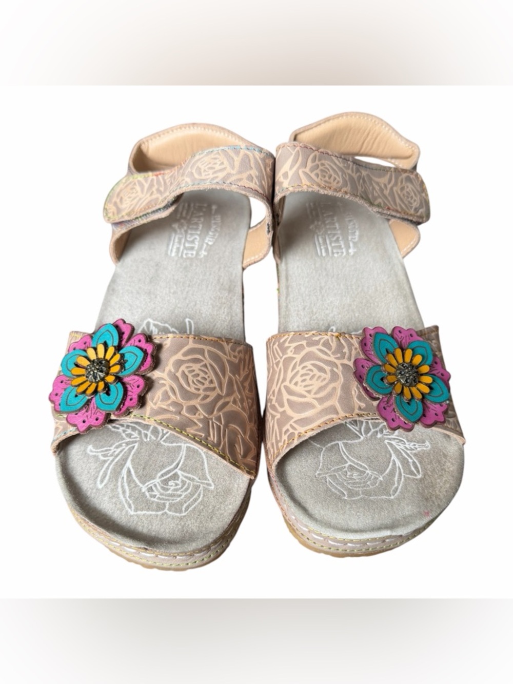 Women's Beige Wedge Sandals with Colorful Flower Accent - Picture 2 of 6